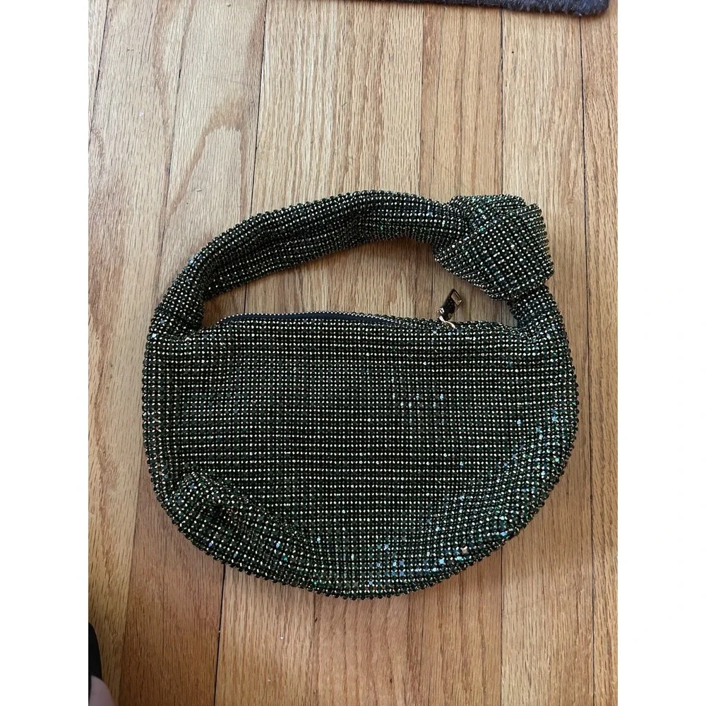 Madison West Knotted Emerald Green Rhinestone Gold Tone Dumpling Evening Handbag